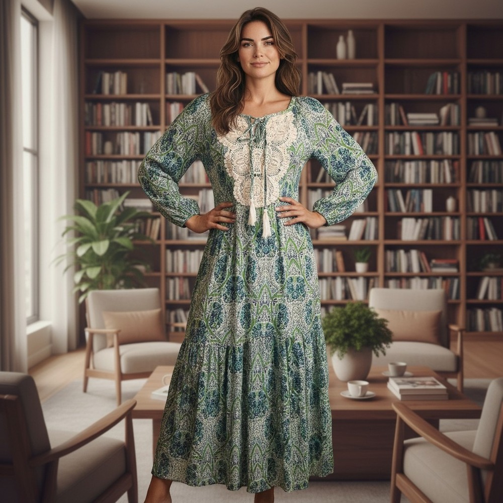 NWOT Kim Rogers Green Blue Paisley 2 Piece Peasant Top Maxi Skirt Set Size M